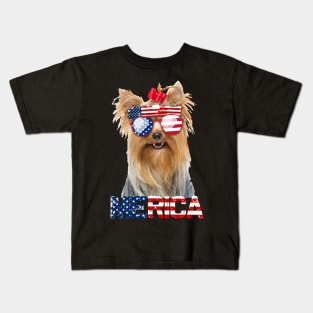 Merica Yorkie Dog American Flag 4Th Of July Kids T-Shirt